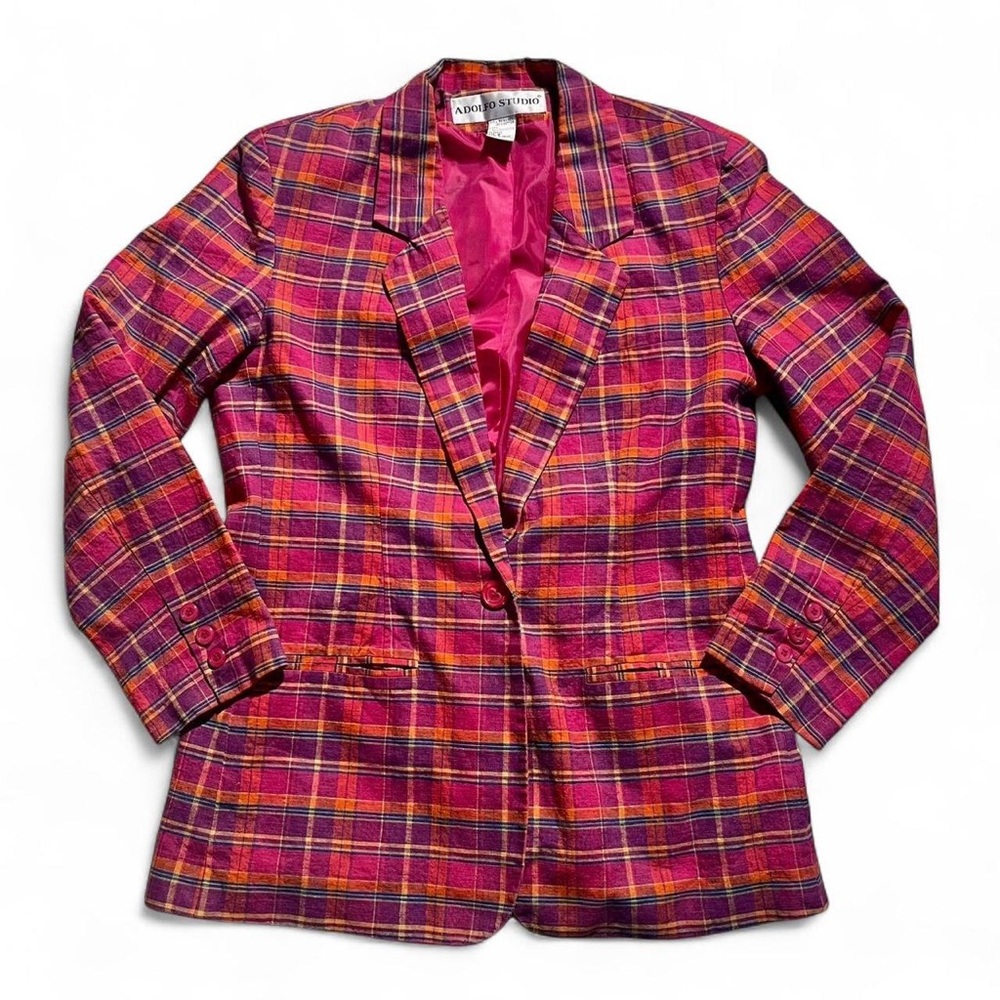 Vintage Adolfo Studio pink/orange/purple plaid linen blend longline blazer - 8